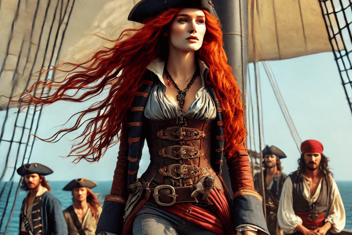 Anne Bonny, the legendary female pirate, sailing the seas.