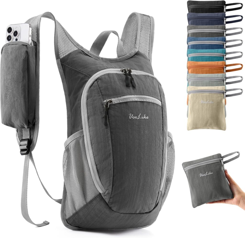 Lightweight backpack for day trips with phone holder in strap